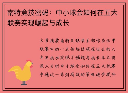 南特竞技密码：中小球会如何在五大联赛实现崛起与成长
