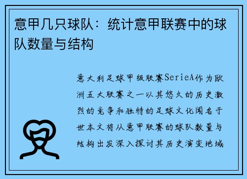 意甲几只球队：统计意甲联赛中的球队数量与结构